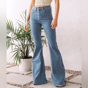 Judy Blue High Rise Super Flare Jeans Blue White Striped Raw Hem Size 1/25